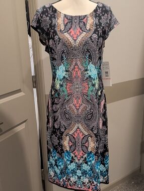 karin stevens Black Midi Dress with Coral and Teal Floral Paisley